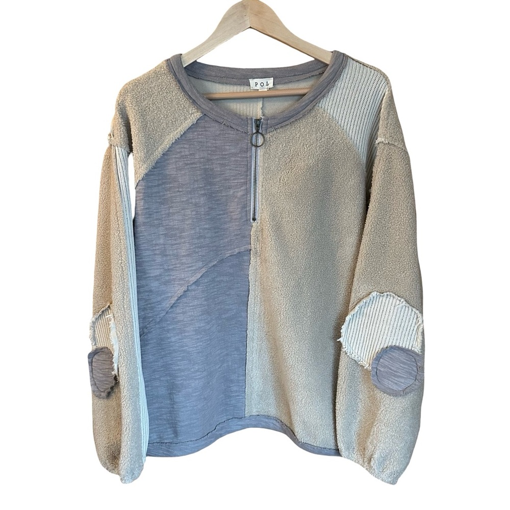 Pol Oversized Quarter Zip Pieced Patchwork Beige … - image 2